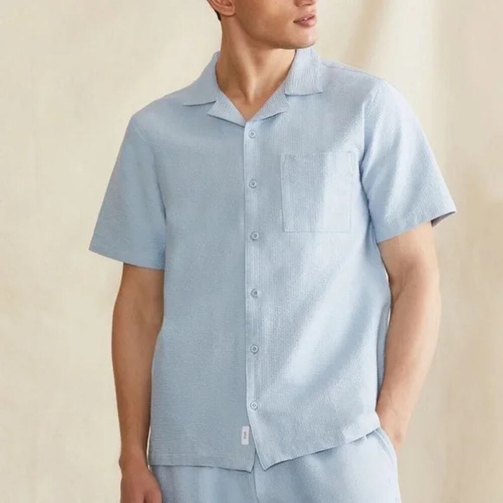 Onia Shirt Men's XXL Blue Button Seersucker Cotton Short Sleeve Camp Pocket